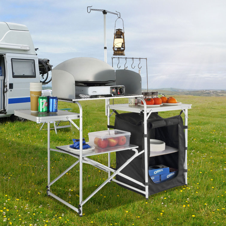 Black Aluminum Folding Camping Kitchen Table with Storage and Windscreen