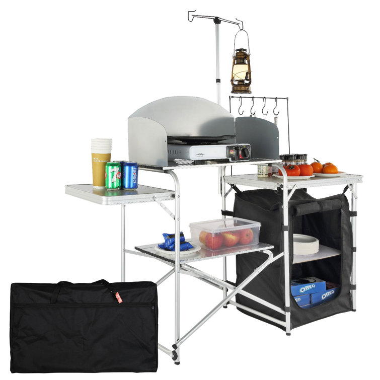 Black Aluminum Folding Camping Kitchen Table with Storage and Windscreen