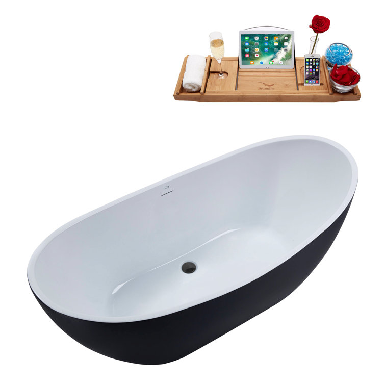 62'' Matte Black Freestanding Acrylic Soaking Bathtub with Tray