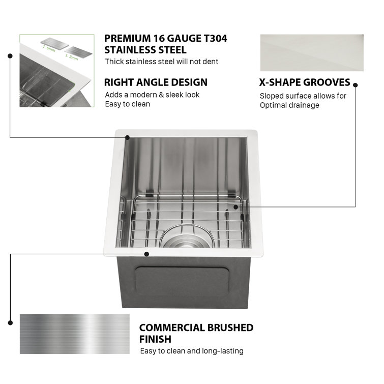 15" x 13" Brushed Stainless Steel Undermount Single Bowl Bar Sink