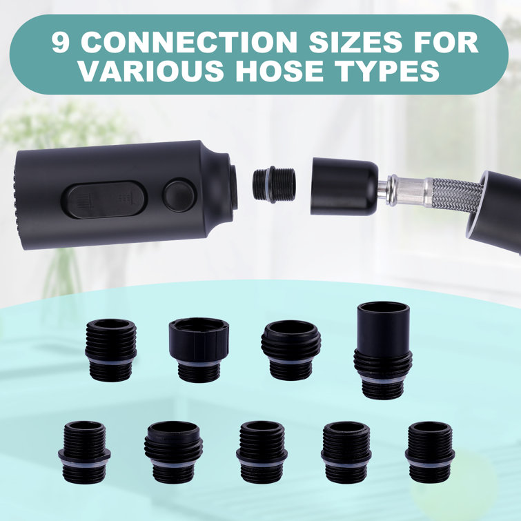 Matte Black 3-Function Kitchen Faucet Spray Head with 9 Adapters