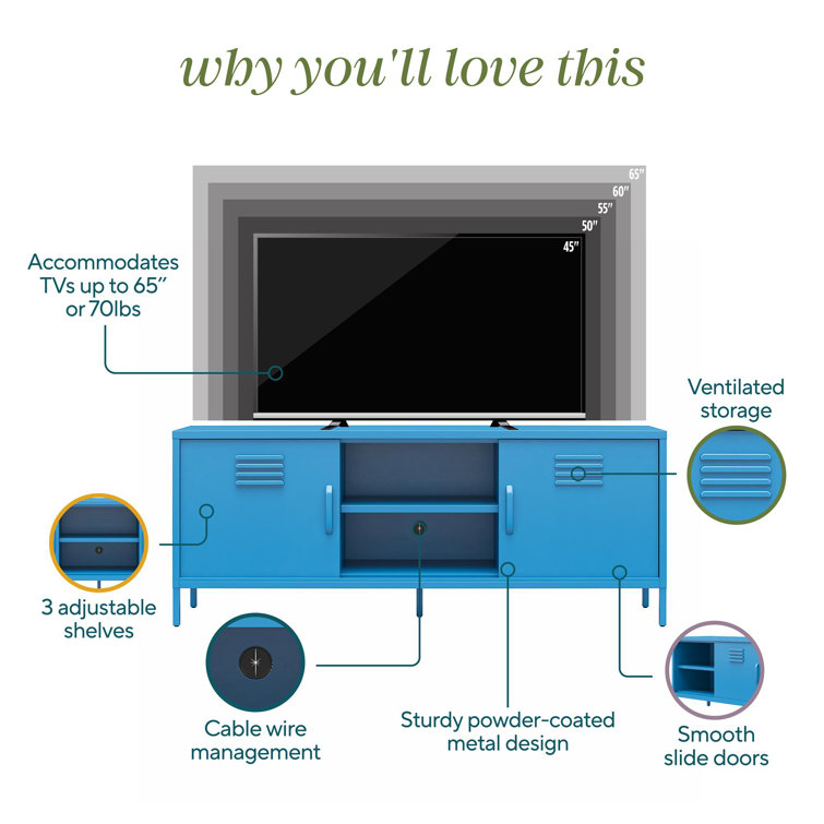 Bright Blue Metal Locker-Style TV Stand with Cabinet for TVs up to 65"