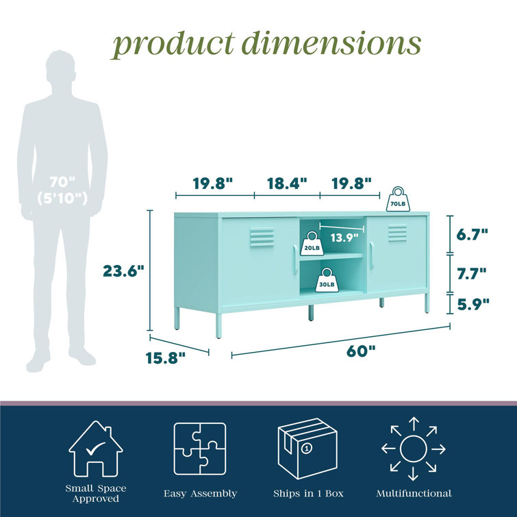 Mint Powder-Coated Metal TV Stand with Sliding Doors