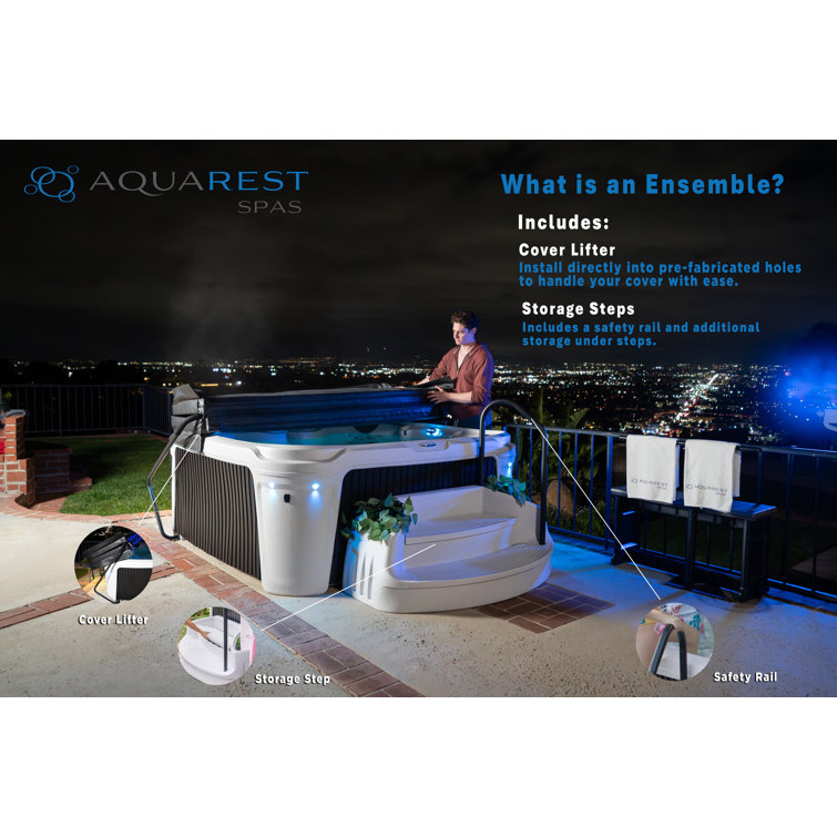 Gray 6-Person Square Hot Tub with LED Waterfall and Steps