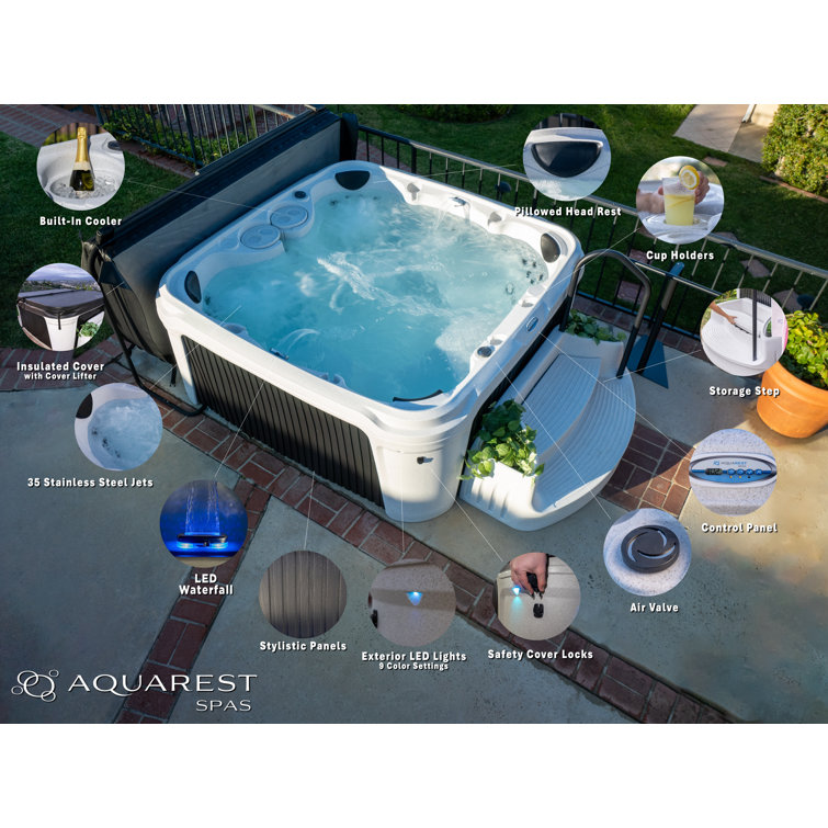 Gray 6-Person Square Hot Tub with LED Waterfall and Steps