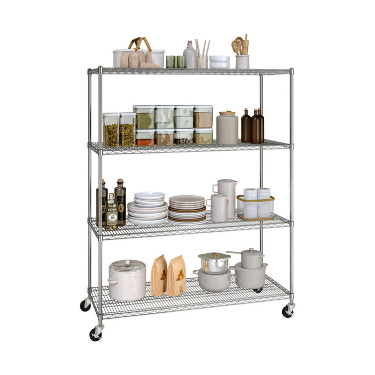 Versatile Chrome 4-Tier Steel Wire Adjustable Shelving Unit with Wheels