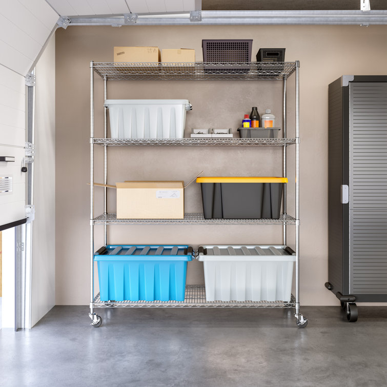 Versatile Chrome 4-Tier Steel Wire Adjustable Shelving Unit with Wheels