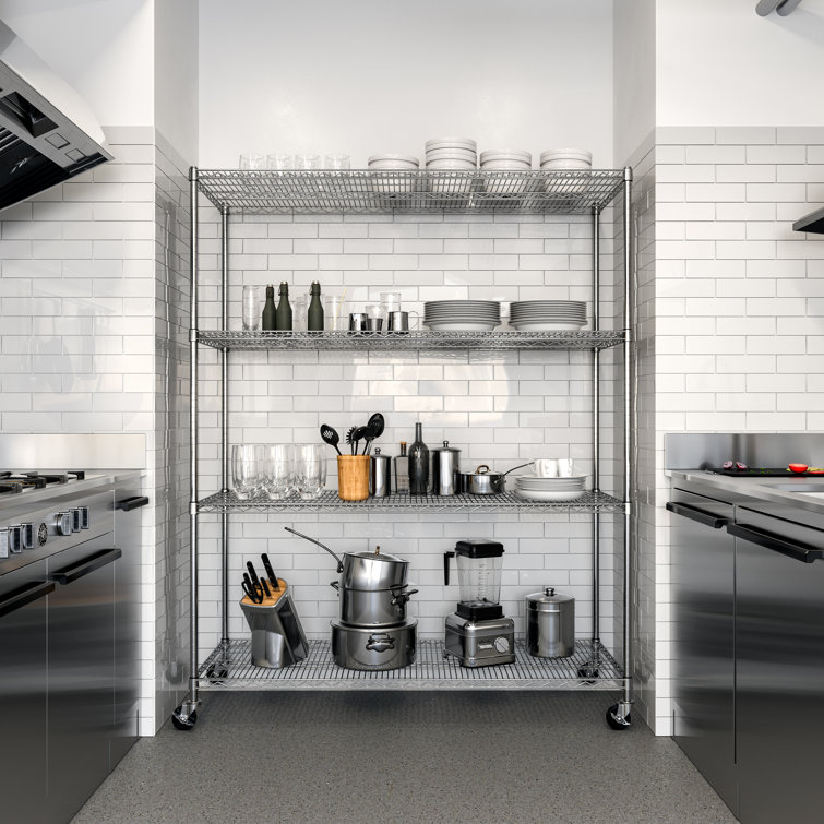 Versatile Chrome 4-Tier Steel Wire Adjustable Shelving Unit with Wheels