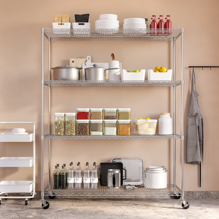 Versatile Chrome 4-Tier Steel Wire Adjustable Shelving Unit with Wheels