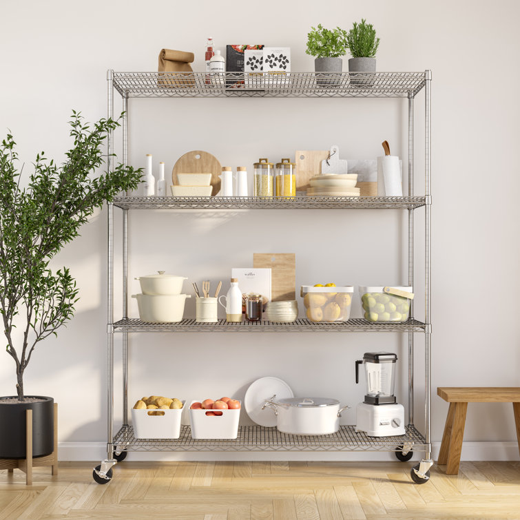 Versatile Chrome 4-Tier Steel Wire Adjustable Shelving Unit with Wheels