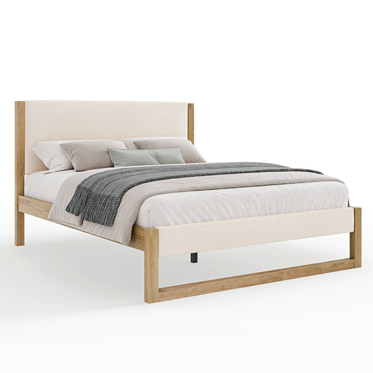 Queen Cream Boucle Upholstered Wood Frame Bed with Headboard