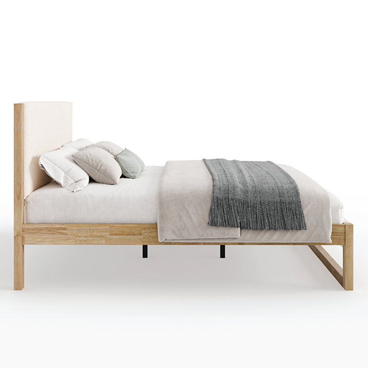 Queen Cream Boucle Upholstered Wood Frame Bed with Headboard