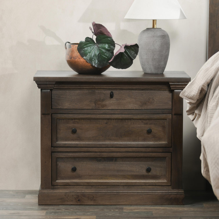 Cocoa Brown Mango Wood 3-Drawer Nightstand with Beveled Edge