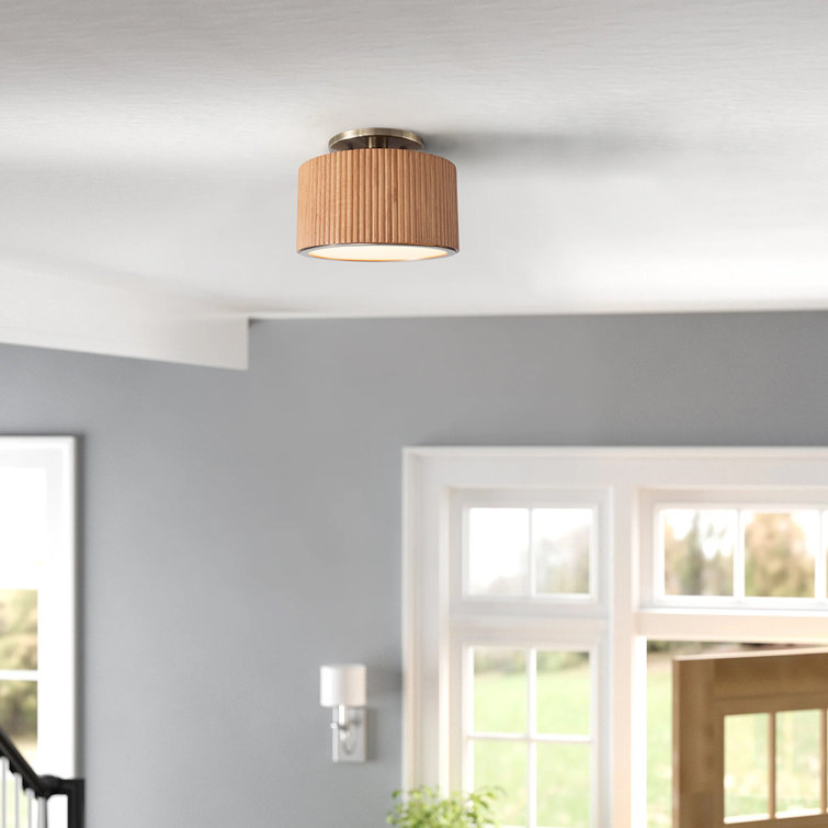 Natural Ash Wood and Brass LED Semi-Flush Mount Ceiling Light