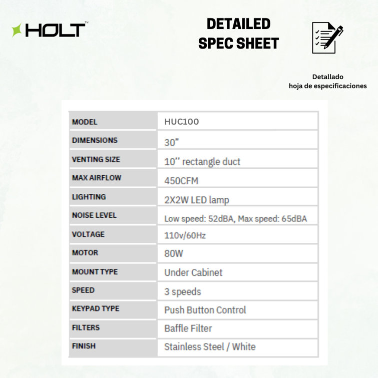 Holt 30'' Stainless Steel Under Cabinet Range Hood with LED Lights
