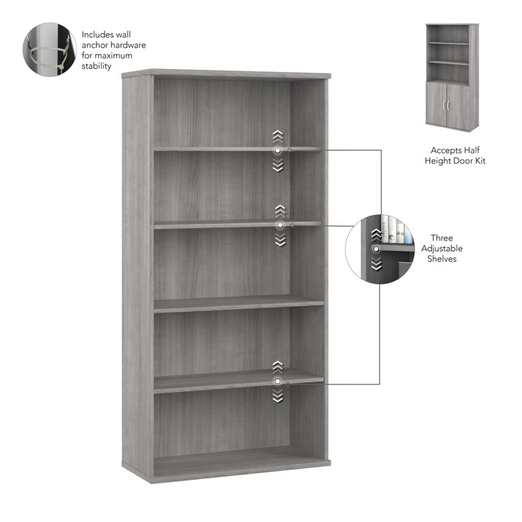 Platinum Gray 5-Shelf Bookcase with Doors and Adjustable Shelves