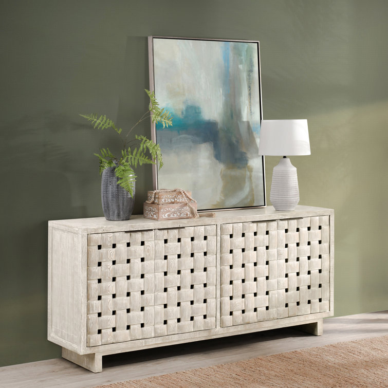 Cream Reclaimed Pine Wood Basket Weave Buffet Sideboard