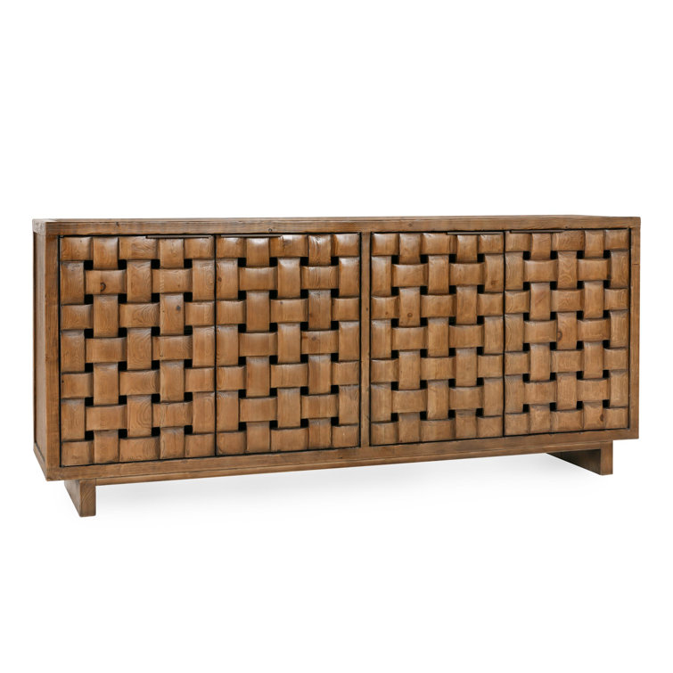 Brown Reclaimed Pine Wood Basket Weave Buffet Sideboard
