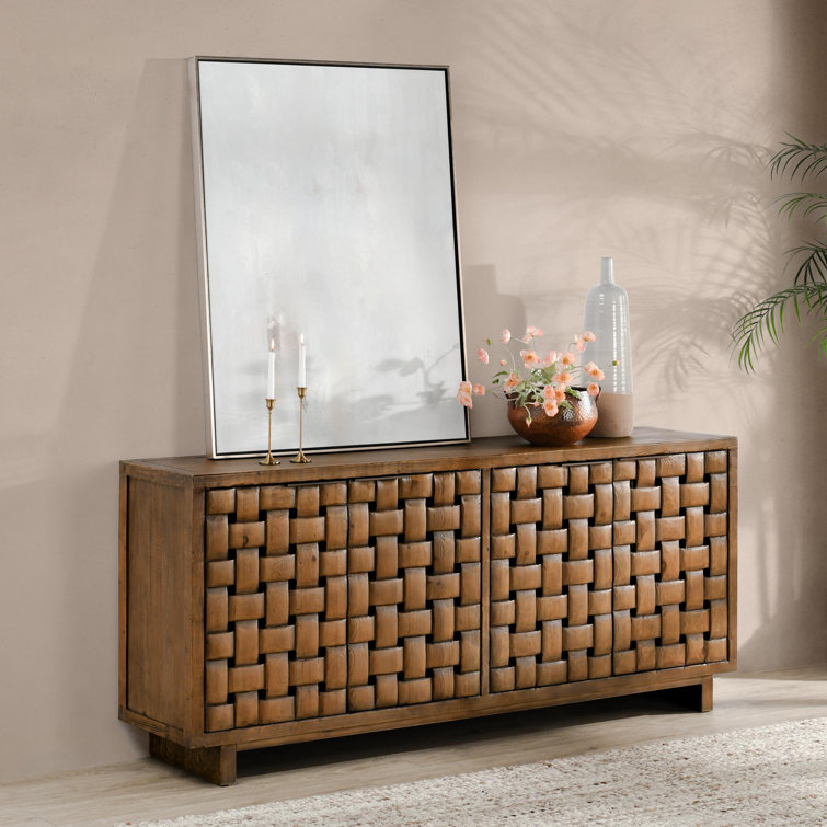 Brown Reclaimed Pine Wood Basket Weave Buffet Sideboard