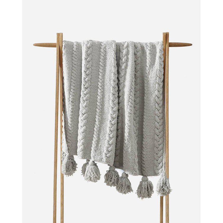 Cloud Gray Braided Pom Pom Throw Blanket