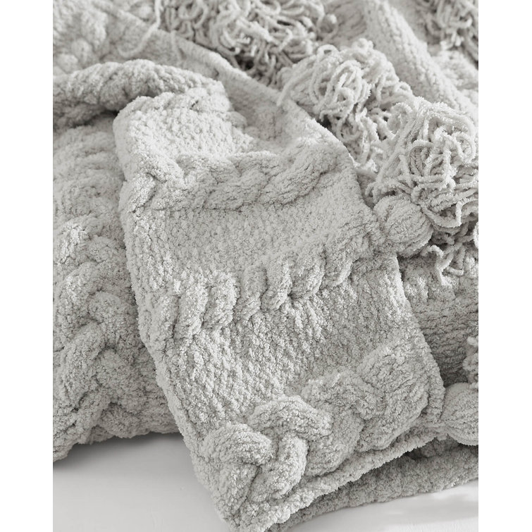 Cloud Gray Braided Pom Pom Throw Blanket