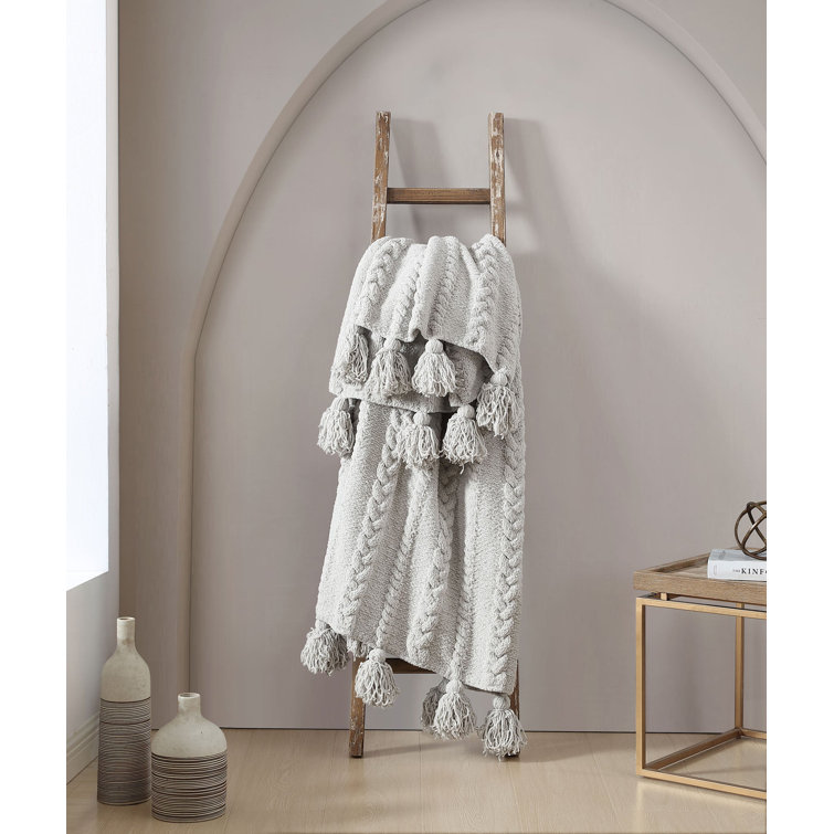 Cloud Gray Braided Pom Pom Throw Blanket