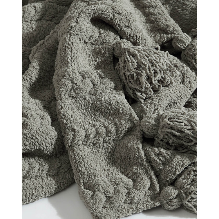 Boulder Gray Braided Pom Pom Throw Blanket