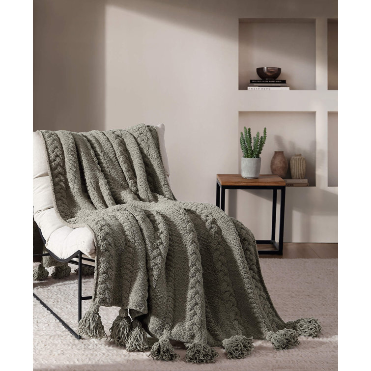 Boulder Gray Braided Pom Pom Throw Blanket