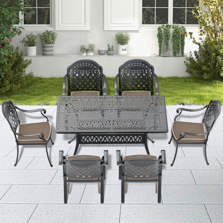 Black Cast Aluminum Outdoor Dining Set with Random Color Cushions