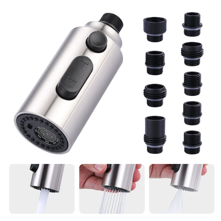 Brushed Nickel 3-Function Kitchen Faucet Spray Head with 9 Adapters