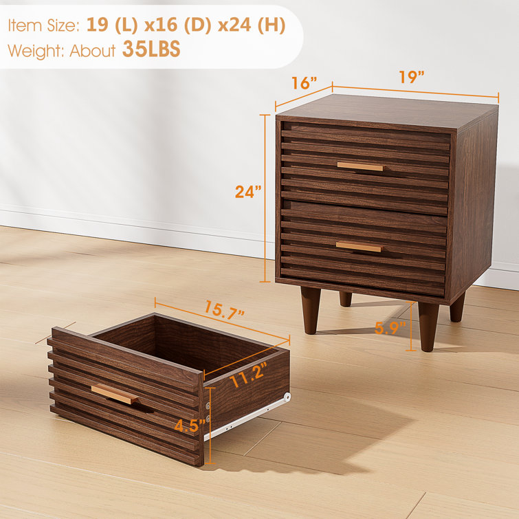 Brown Mid Century Modern 2-Drawer Wooden Nightstand Set