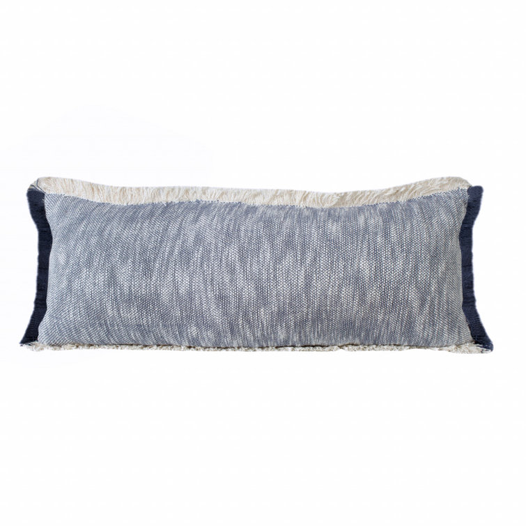 Navy Blue and White Cotton Lumbar Pillow with Fringe
