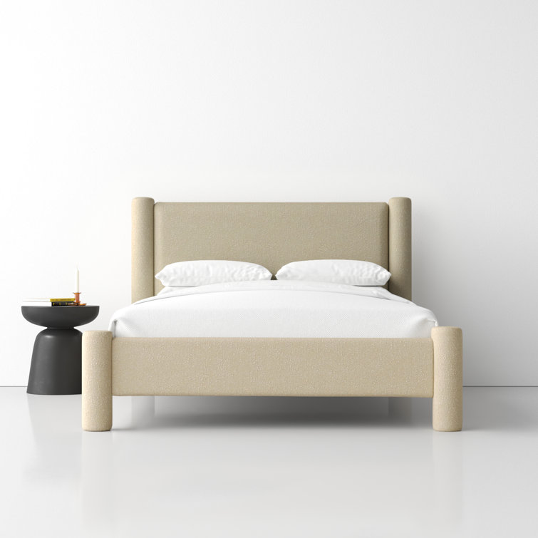 Beige Queen Upholstered Wood Frame Platform Bed