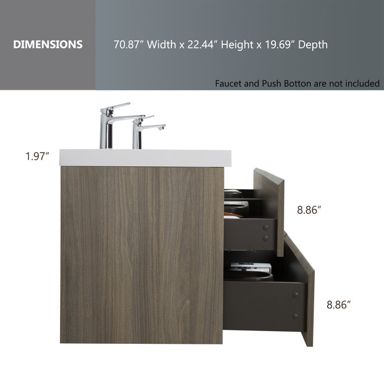 Ash Grey Wall-Mounted Double Sink Vanity with Resin Top