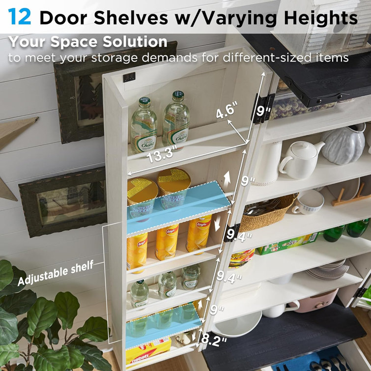 White Tall Farmhouse Kitchen Pantry with Barn Doors and Adjustable Shelves