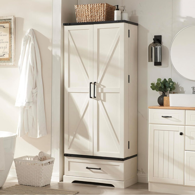 White Tall Farmhouse Kitchen Pantry with Barn Doors and Adjustable Shelves