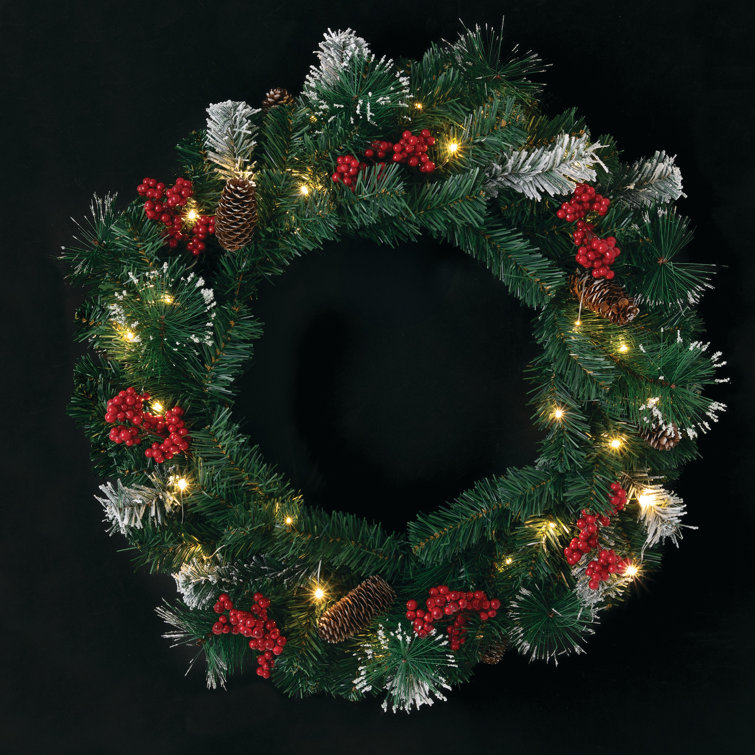24" Pre-Lit Artificial Pine Christmas Wreath with Pinecones and Berries