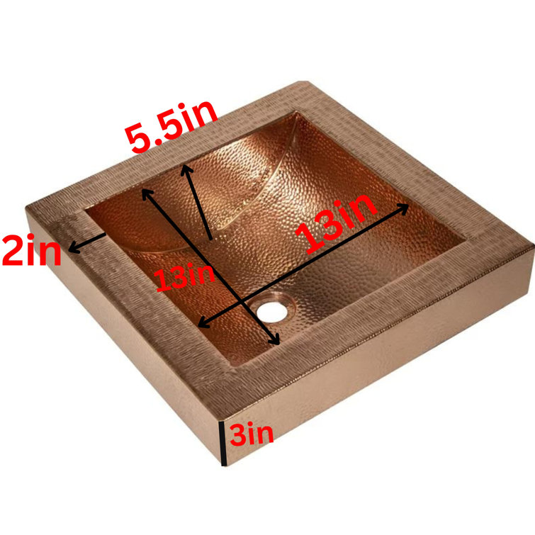 Ambiente Mexican Copper Crafts 17x17" Square Copper Bathroom Sink - Small Drop-In or Undermount Sink for Bathrooms, Wash Basin, Pure Copper Bathroom Vessel Sink