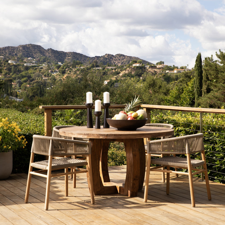 Taupe Woven Rope and Teak Outdoor Dining Armchair