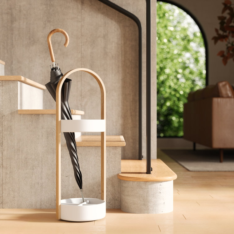 Bellwood Modern White-Natural Wood & Steel Freestanding Umbrella Stand