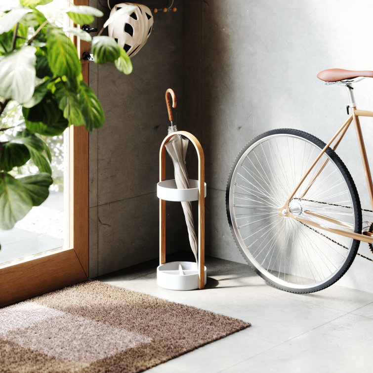 Bellwood Modern White-Natural Wood & Steel Freestanding Umbrella Stand