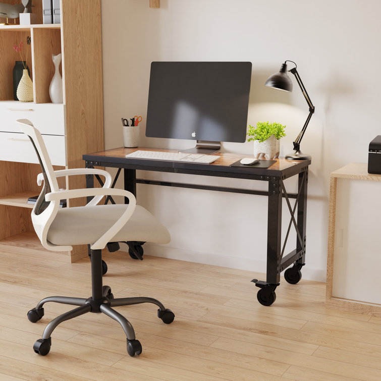 Dark Brown Wood and Metal Industrial Desk with Casters