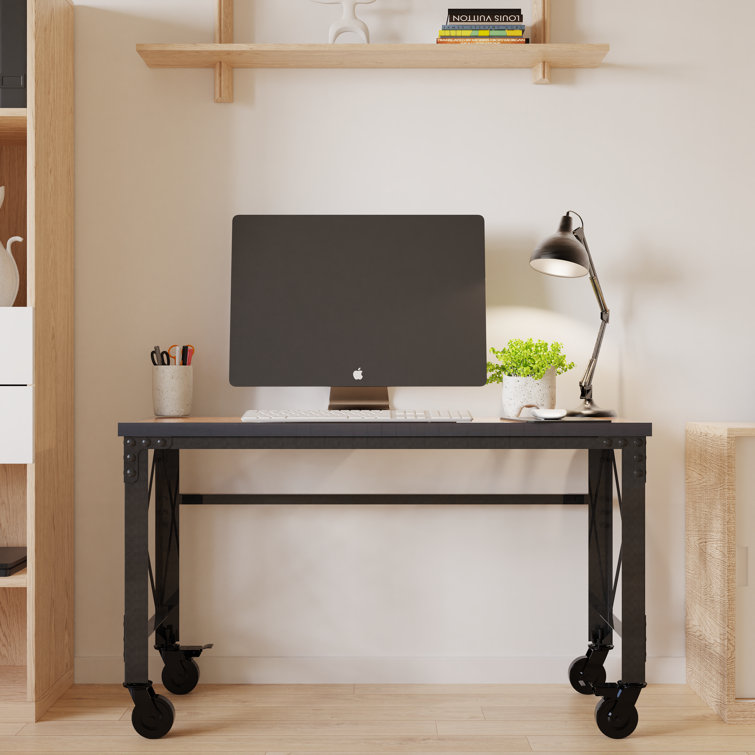 Dark Brown Wood and Metal Industrial Desk with Casters