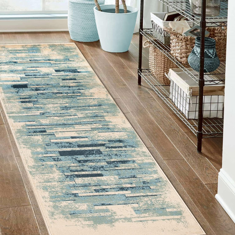 Blue Abstract Medium Pile Indoor Runner Rug