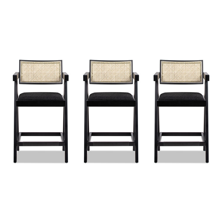 Milan 25.5'' Black Boucle Bar Stools with Cane Back, Set of 3