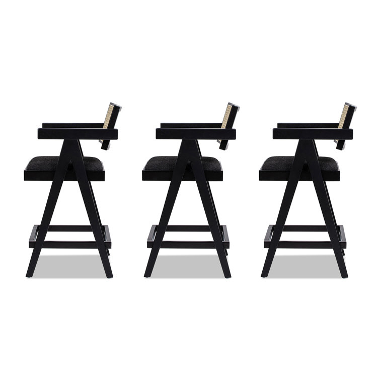 Milan 25.5'' Black Boucle Bar Stools with Cane Back, Set of 3