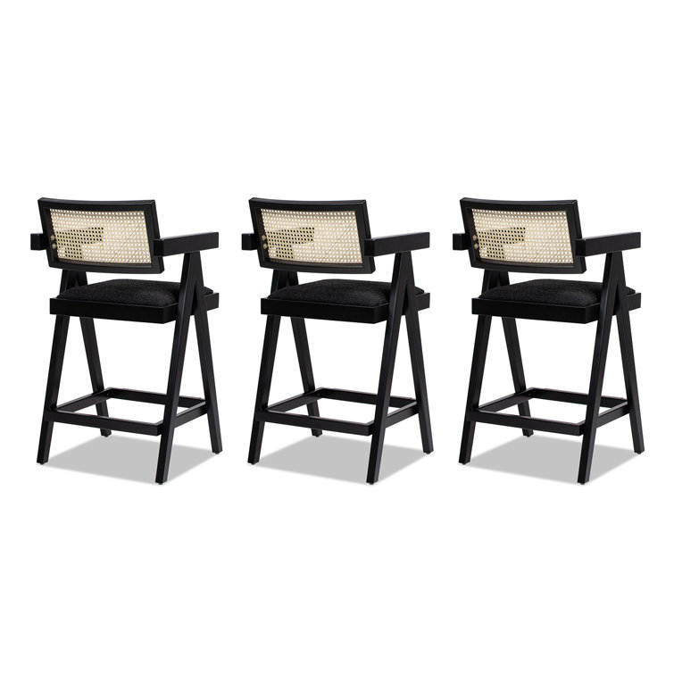 Milan 25.5'' Black Boucle Bar Stools with Cane Back, Set of 3
