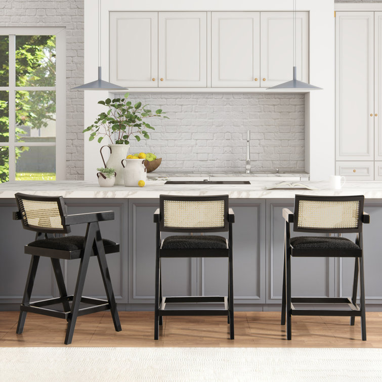 Milan 25.5'' Black Boucle Bar Stools with Cane Back, Set of 3
