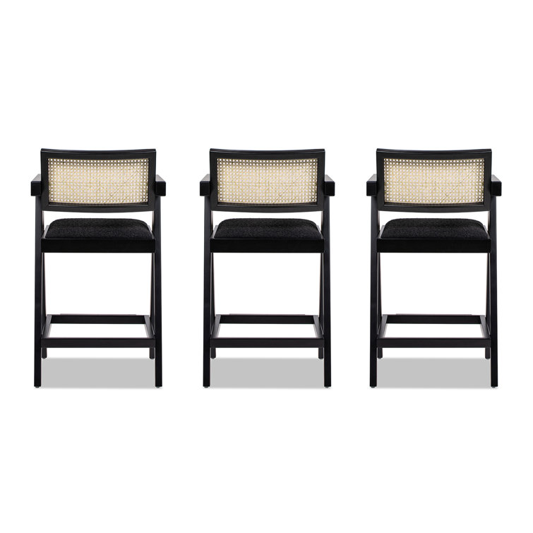 Milan 25.5'' Black Boucle Bar Stools with Cane Back, Set of 3