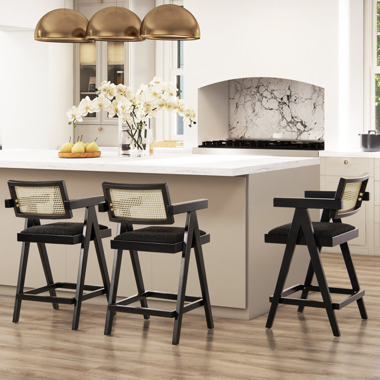 Milan 25.5'' Black Boucle Bar Stools with Cane Back, Set of 3